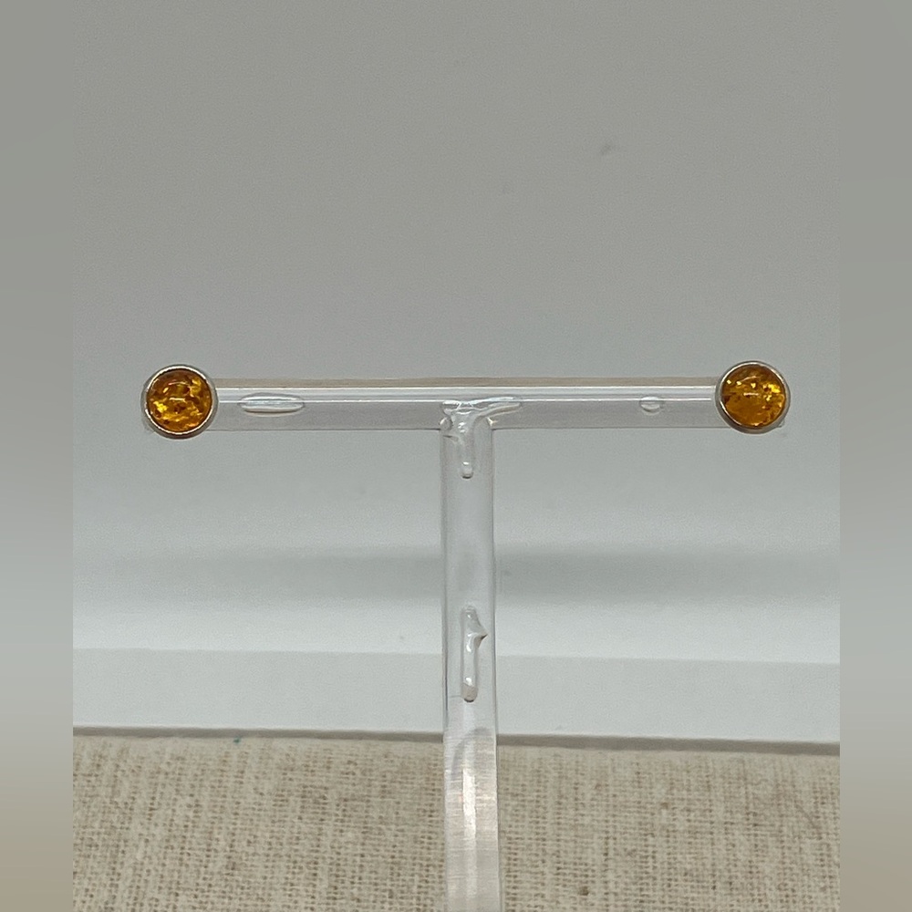 Vtg 935 Silver & Baltic Amber Cabochon Round Stud Earrings